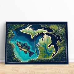 Maxcorners Michigan map fish art bass fishing art canvas for bass fisherman LM0101