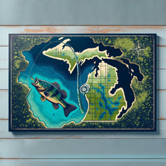 Maxcorners Michigan map fish art bass fishing art canvas for bass fisherman LM0101