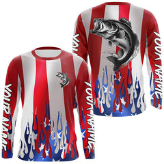 Maxcorners Custom 3D Flame American Flag Bass Long Sleeve Fishing Shirts, Patriotic Bass Fishing Jerseys LM2408