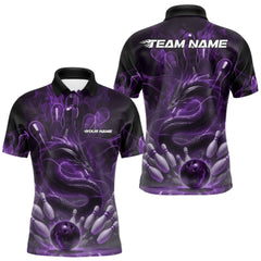 Maxcorners Custom Purple Flame Dragon Bowling Men Polo Shirts, Dragon Bowling League Shirt LM1112