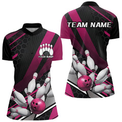 Maxcorners Custom Black And Pink Bowling Team Jerseys, Striking Bowling League Polo Shirt For Men MT0609