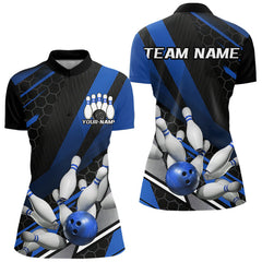 Maxcorners Custom Black And Blue Bowling Team Jerseys, Striking Bowling League Polo Shirt For Men MT0609