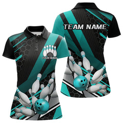 Maxcorners Custom Black And Turquoise Blue Bowling Team Jersey, Striking Bowling League Men Polo Shirt MT0609
