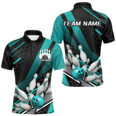 Maxcorners Custom Black And Turquoise Blue Bowling Team Jersey, Striking Bowling League Men Polo Shirt MT0609
