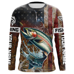 Maxcorners Custom Rainbow Trout Long Sleeve Fishing Shirts For Men, Patriotic Amerian Flag Trout Fishing Shirt LM2408