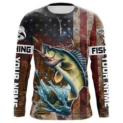 Maxcorners Custom Walleye Long Sleeve Fishing Shirts For Men, Patriotic Amerian Flag Walleye Fishing Shirt LM2408