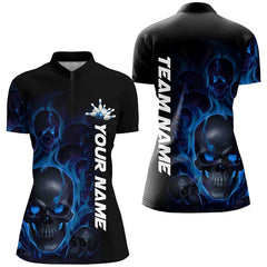 Maxcorners Blue Smoke Flame Custom Skull Bowling Shirts For Men, Bowling Team Uniform Outfit