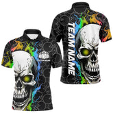 Maxcorners Custom Rainbow Color Flame Skull Bowling Men Polo Shirts, Bowling Pattern Team League Shirt LM0803