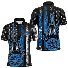 Maxcorners Custom Blue Thin Line US Flag Patriotic Flame Dartboard Dart Men Polo Shirts, Dart Jerseys TU1208