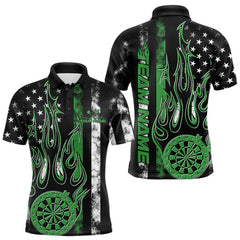 Maxcorners Custom Green Thin Line US Flag Patriotic Flame Dartboard Dart Men Polo Shirts, Dart Jerseys TU1208