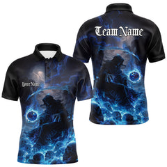 Maxcorners Custom Electric Blue Fire Grim Reaper Bowling Polo Shirts For Men, Halloween Bowling Shirt MT1007