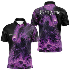 Maxcorners Custom Purple Flame Skull Bowling Polo Shirts, Purple Smoke Bowling Hallween MT1007