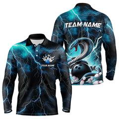 Maxcorners Blue Thunder Lightning Custom Cobra Snake Bowling Men Long Sleeve Polo Shirts, Bowling Team Shirt TU2908