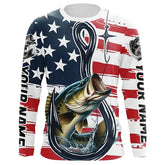Maxcorners Us Flag Fish Hook Custom Patriotic Largemouth Bass Long Sleeve Fishing Shirts, Bass Fishing Jersey
