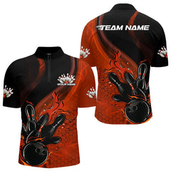 Maxcorners Custom Black And Orange Flame Bowling Polo Shirt For Men, Bowling Team League Shirt MT1309
