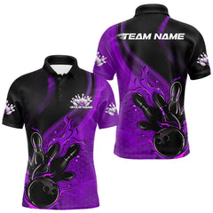 Maxcorners Custom Black And Purple Flame Bowling Polo Shirt For Men, Bowling Team League Shirt MT1309