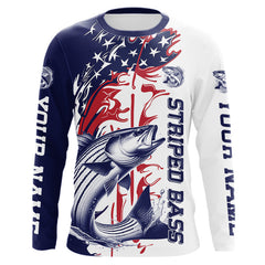 Maxcorners Custom Patriotic Striped Bass Long Sleeve Fishing Shirts, Red White And Blue Fishing Shirt LM0607