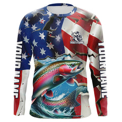 Maxcorners Custom American Flag Rainbow Trout Long Sleeve Fishing Shirts, Patriotic Trout Fisherman Jerseys LM2408