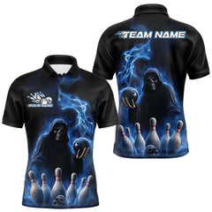 Maxcorners Custom Blue Flame Grim Reaper Bowling Men Polo Shirts, Skull Halloween Bowler Outfit TU1908