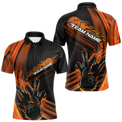 Maxcorners Custom Black And Orange Flame Bowling Jerseys, Bowling Team Polo Shirts For Men TU1609
