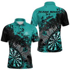 Maxcorners Custom Black And Blue-Green Splatter Dart Men Polo Shirt, Grunge Style Dart Team Jerseys LM1610