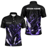 Maxcorners Custom Black And Purple Flame Dragon Bowling Polo Shirts For Men, Bowling Tournament Team Shirt
