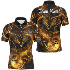 Maxcorners Custom Yellow Flame Dragon Bowling Polo Shirts For Men, Dragon Bowling Team Jerseys