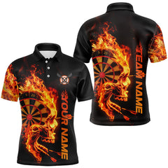 Maxcorners Custom Black And Orange Flame Skull Dart Men Polo Shirts, Halloween Dart Team Outfit TU3009