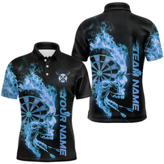 Maxcorners Custom Black And Blue Flame Skull Dart Men Polo Shirts, Halloween Dart Team Outfit TU3009