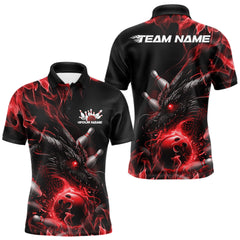 Maxcorners Custom Black And Red Flame Dragon Bowling Men Polo Shirt, Dragon Bowling League Shirt LM2512