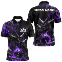 Maxcorners Custom Black And Purple Flame Dragon Bowling Men Polo Shirt, Dragon Bowling League Shirt LM2512