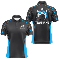 Maxcorners Custom Black And Ball Blue Classic Bowling Team Polo Shirt For Men, Bowling League Shirt MT2009
