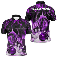 Maxcorners Custom Purple Flame Dragon Bowling Polo Shirts For Men, Dragon Bowling Team Jerseys LM233