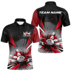 Maxcorners Custom Black And Red Grunge Bowling Ball And Pins Explosion Team Polo Shirts For Men LM2707