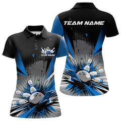 Maxcorners Custom Black And Blue Grunge Bowling Ball And Pins Explosion Team Polo Shirts For Men LM2707