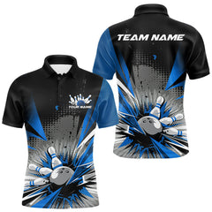 Maxcorners Custom Black And Blue Grunge Bowling Ball And Pins Explosion Team Polo Shirts For Men LM2707