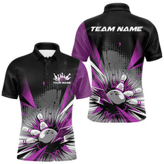 Maxcorners Custom Black And Purple Grunge Bowling Ball And Pins Explosion Team Polo Shirts For Men LM2707
