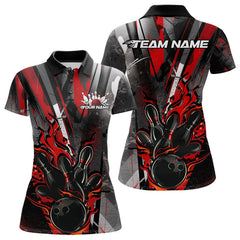 Maxcorners Custom Grunge Black And Red Fire Flame Bowling Polo Shirts For Men, Bowling Team Uniform LM2707