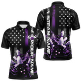 Maxcorners Custom Black And Purple Thin Line American Flag Patriotic Us Bowling Team Polo Shirts For Men