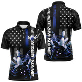 Maxcorners Custom Black And Blue Thin Line American Flag Patriotic Us Bowling Team Polo Shirts For Men