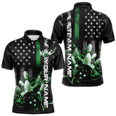 Maxcorners Custom Black And Green Thin Line American Flag Patriotic Us Bowling Team Polo Shirts For Men