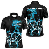 Maxcorners Custom Blue Smoke Bowling Polo Team Shirts For Men, Flame Bowling League Shirt LM2707
