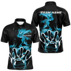 Maxcorners Custom Blue Smoke Bowling Polo Team Shirts For Men, Flame Bowling League Shirt LM2707