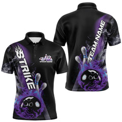 Maxcorners Custom Blue And Purple Flame Strike Bowling Team Polo Shirts For Men, Fire Bowling Jerseys LM2707