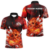 Maxcorners Custom Fire Flame Skull Bowling Polo Shirts For Men, Halloween Bowling Outfits LM2707