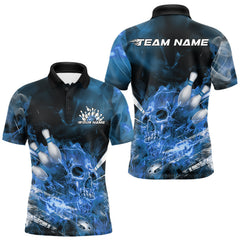 Maxcorners Custom Blue Fire Flame Skull Bowling Polo Shirts For Men, Halloween Bowling Outfits LM2707