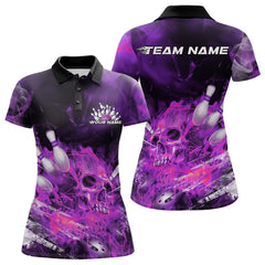 Maxcorners Custom Pink Fire Flame Skull Bowling Polo Shirts For Men, Halloween Bowling Outfits LM2707