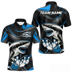 Maxcorners Custom Black And Blue Shark Bowling Team Polo Shirts For Men, Bowling League Shirt LM283