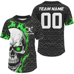 Maxcorners Custom Green Flame Skull Men Baseball Jerseys, Baseball Team Uniform Halloween Outfit LM2608