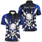 Maxcorners Blue Lightning Thunder Custom Skull Bowling Shirt For Men, Halloween Bowling Team Polo Shirt